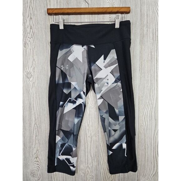Under Armour Crop Leggings Women's Medium‎ Black Geometric Compression Yoga Gym - Picture 1 of 7